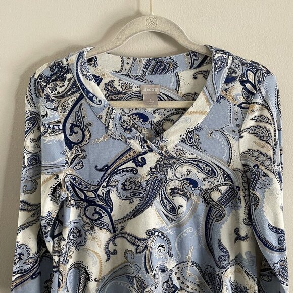 Chicos Womn 1 US M Blue Paisley Pima Cotton 3/4 Sleeves Classic Fit V-Neck Tunic - Picture 5 of 9